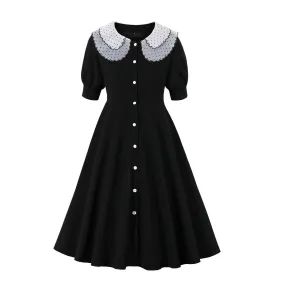 1950s Elegant Black Women Casual Short Sleeve Single Breasted Robe Pin Up Swing Retro Dress