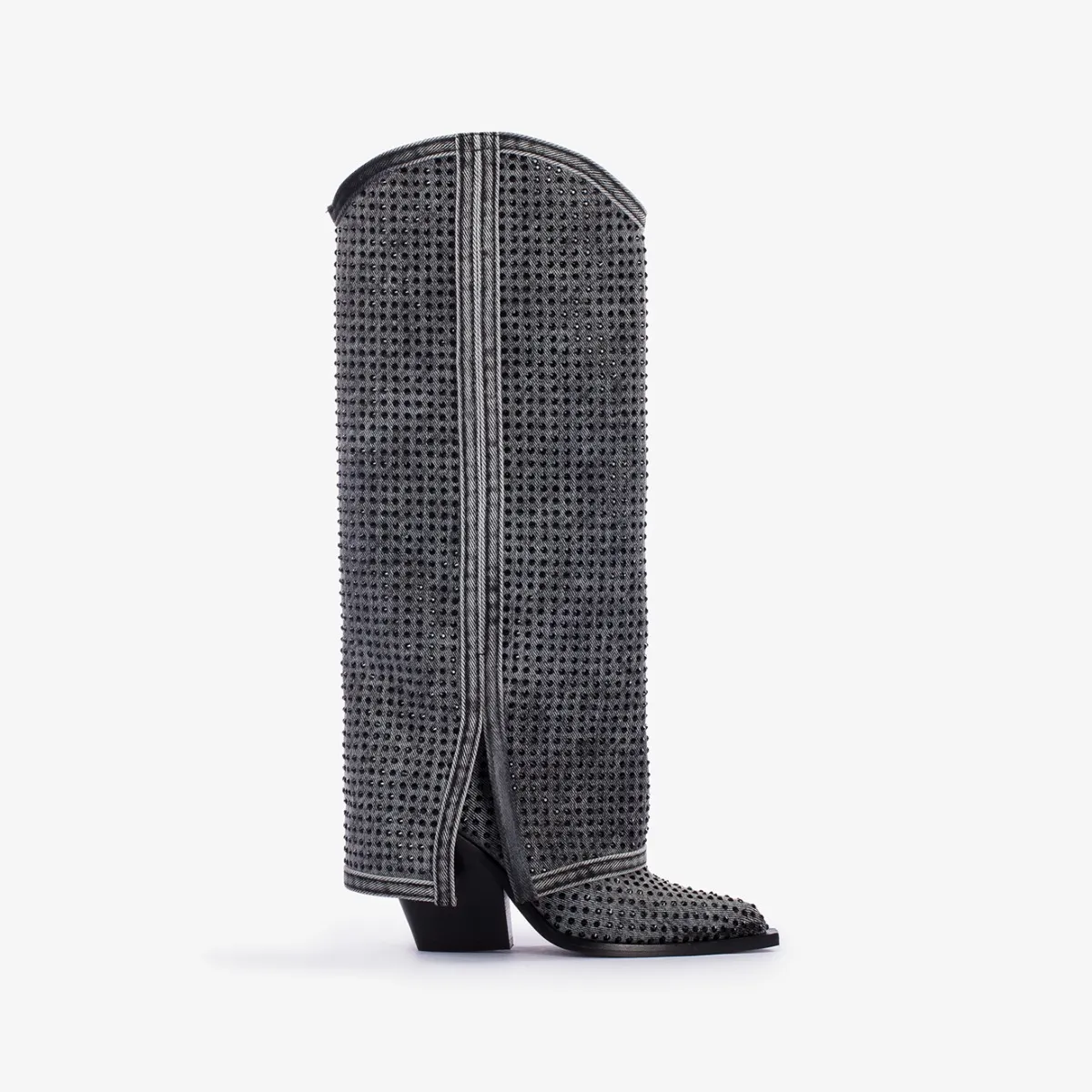 ANDY COWBOY BOOT 100 mm Jet black denim and Crystals Western-inspired cuffed knee boot