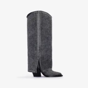 ANDY COWBOY BOOT 100 mm Jet black denim and Crystals Western-inspired cuffed knee boot