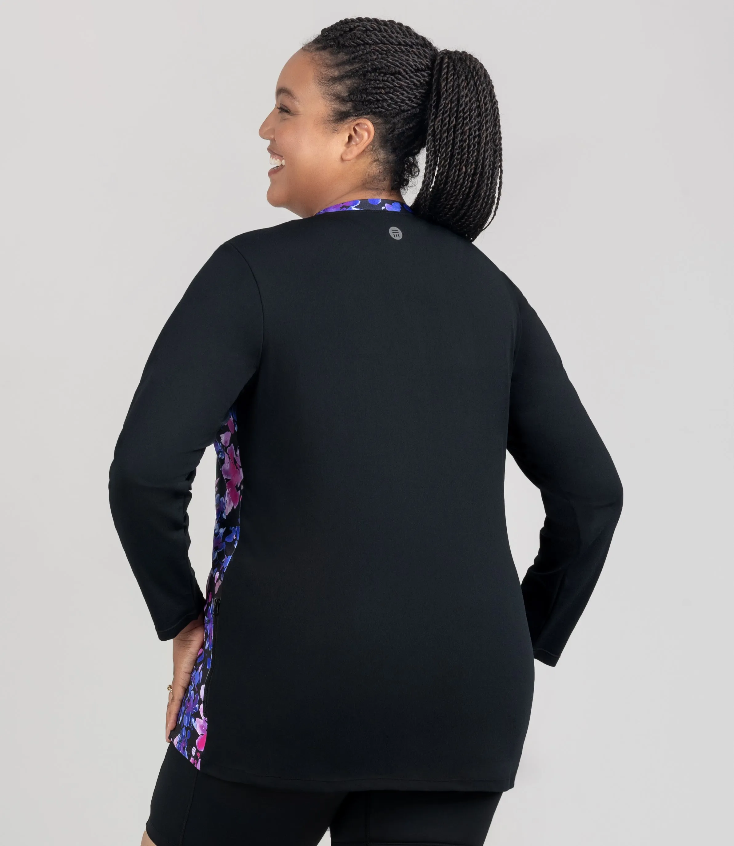 AquaSport Long Sleeve Zip Front Swim Jacket Floral Elegance Print Black