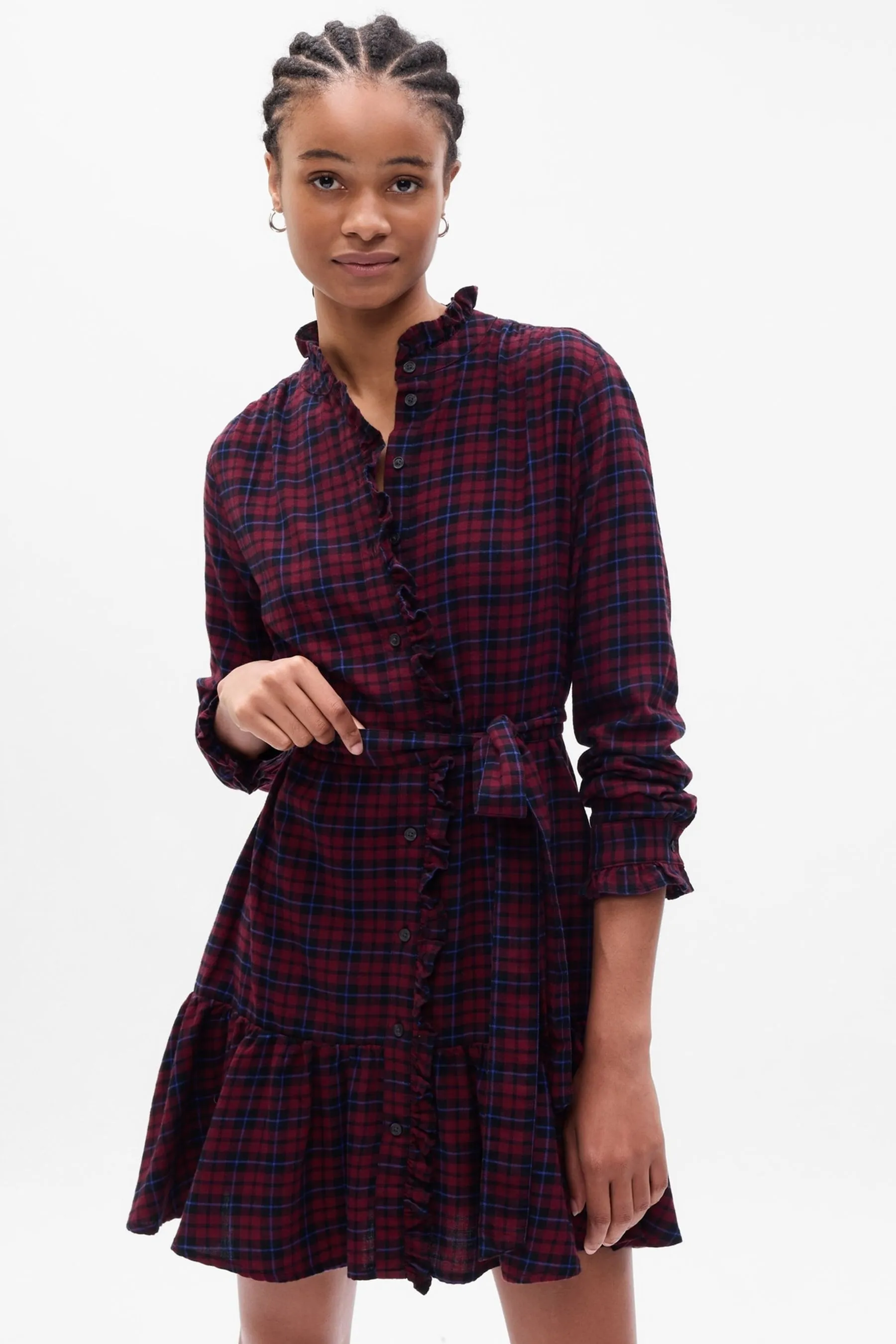 Berry Red Tiered Ruffle Long Sleeve Check Mini Dress