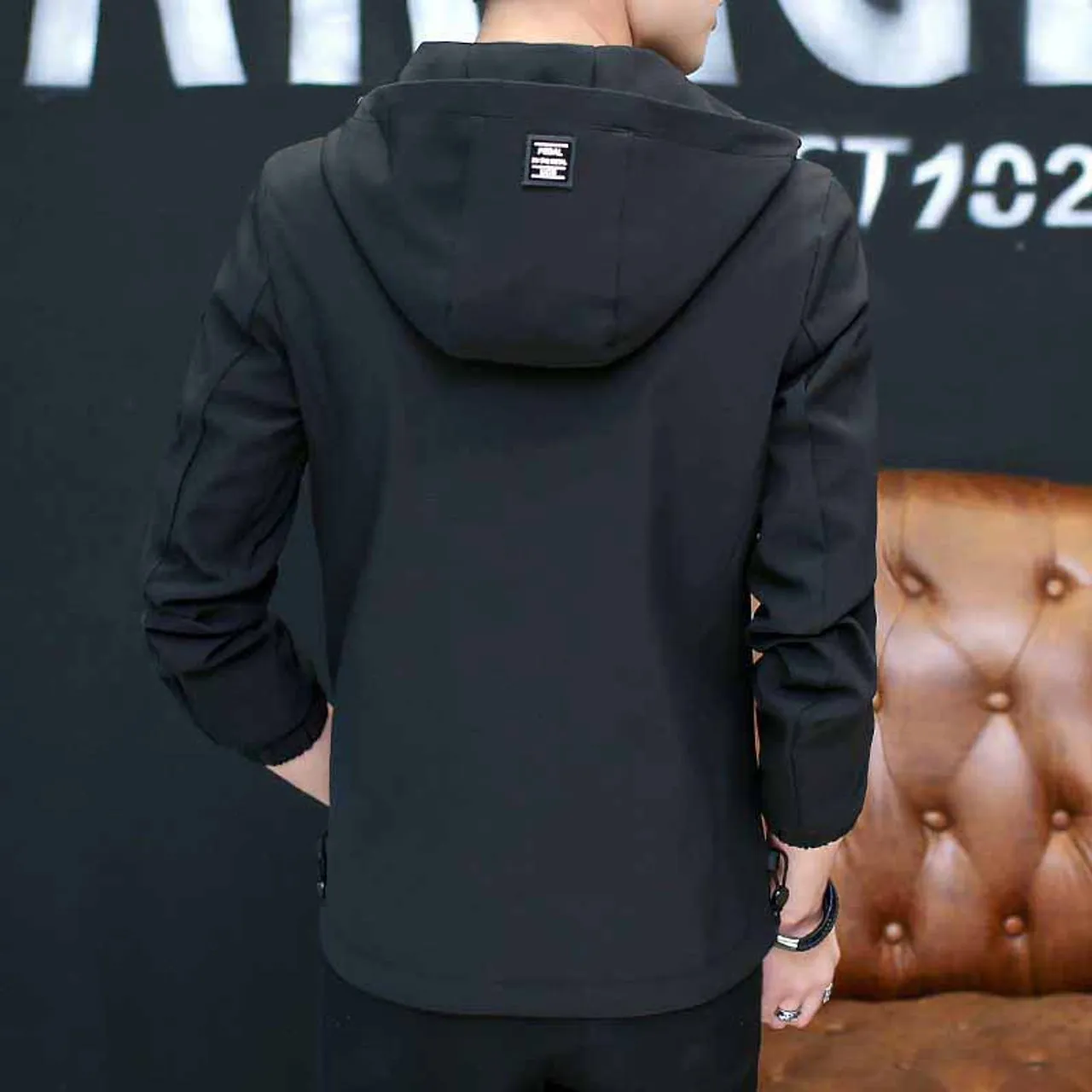 Black label pattern long sleeve zip jacket hoodies