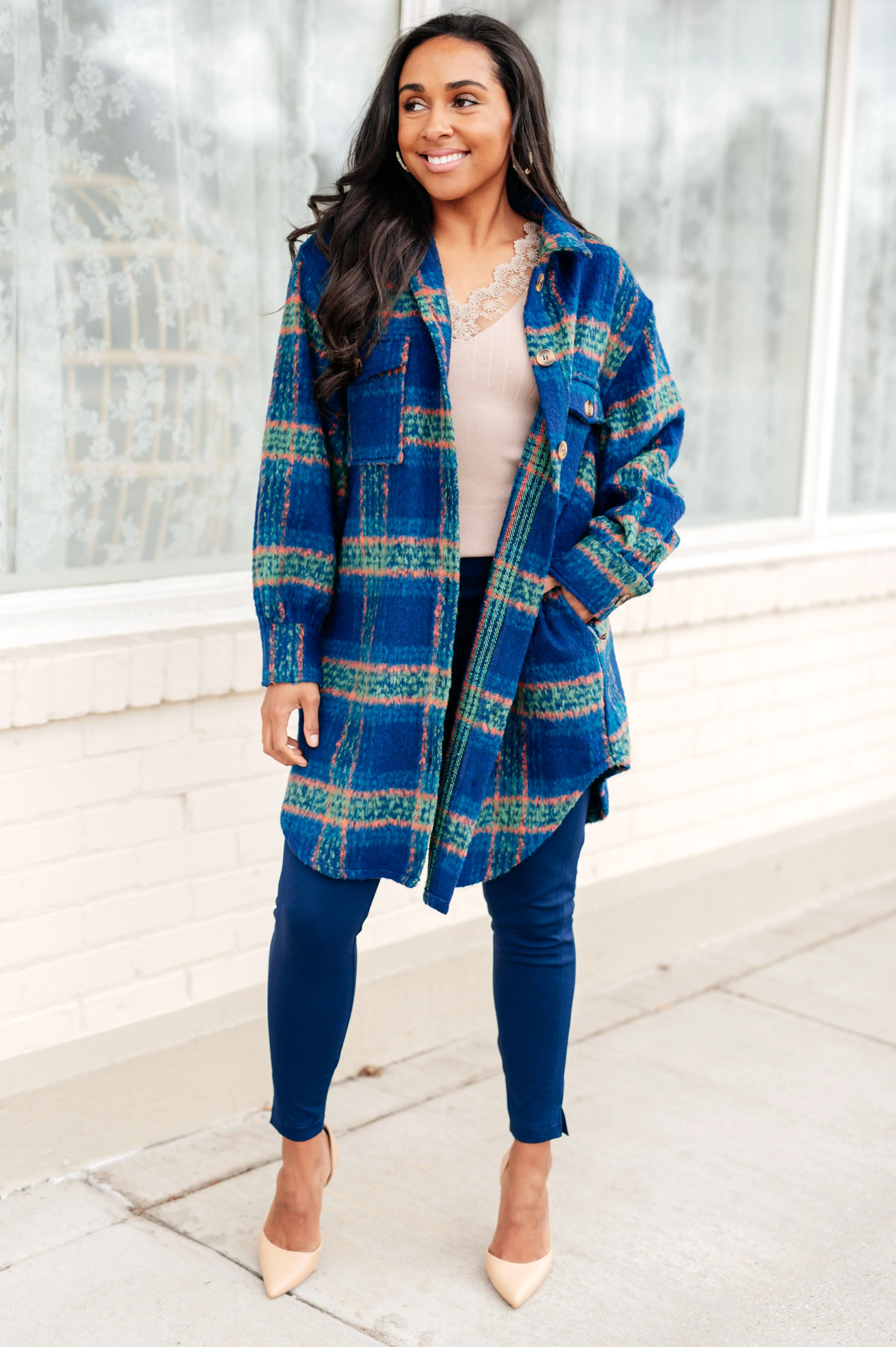 Blue Plaid Brushed Flannel Long Jacket