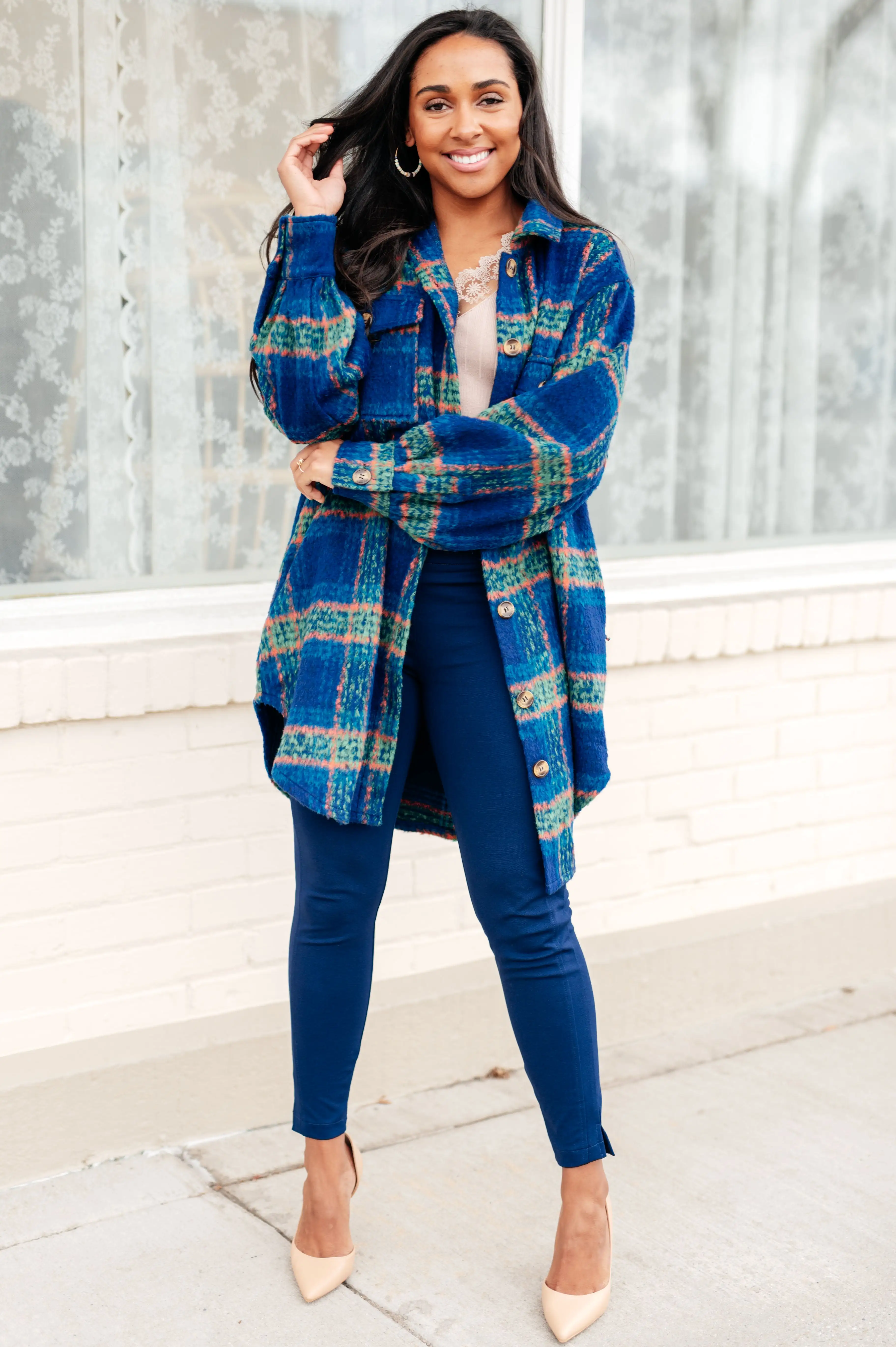 Blue Plaid Brushed Flannel Long Jacket