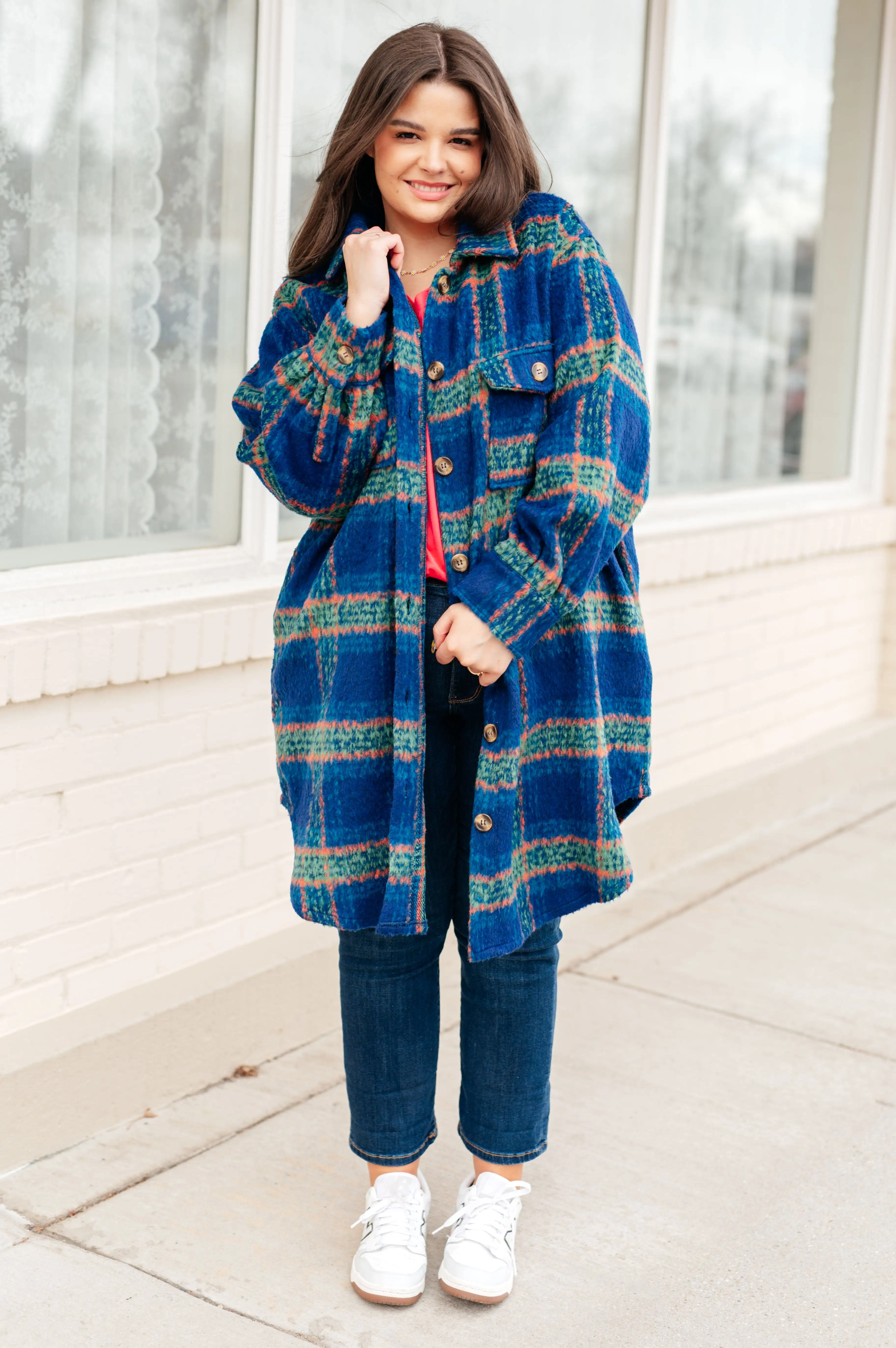 Blue Plaid Brushed Flannel Long Jacket