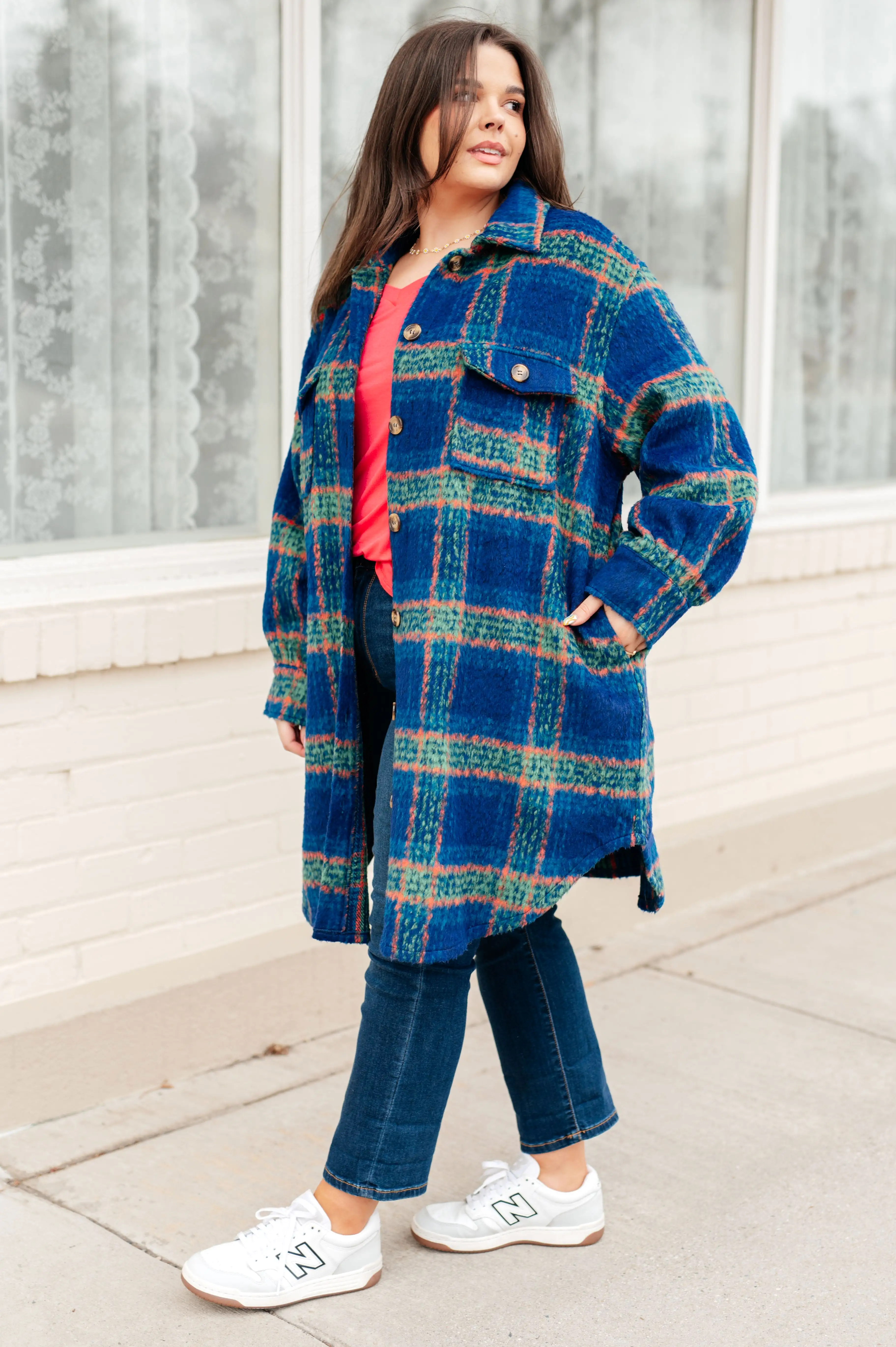 Blue Plaid Brushed Flannel Long Jacket