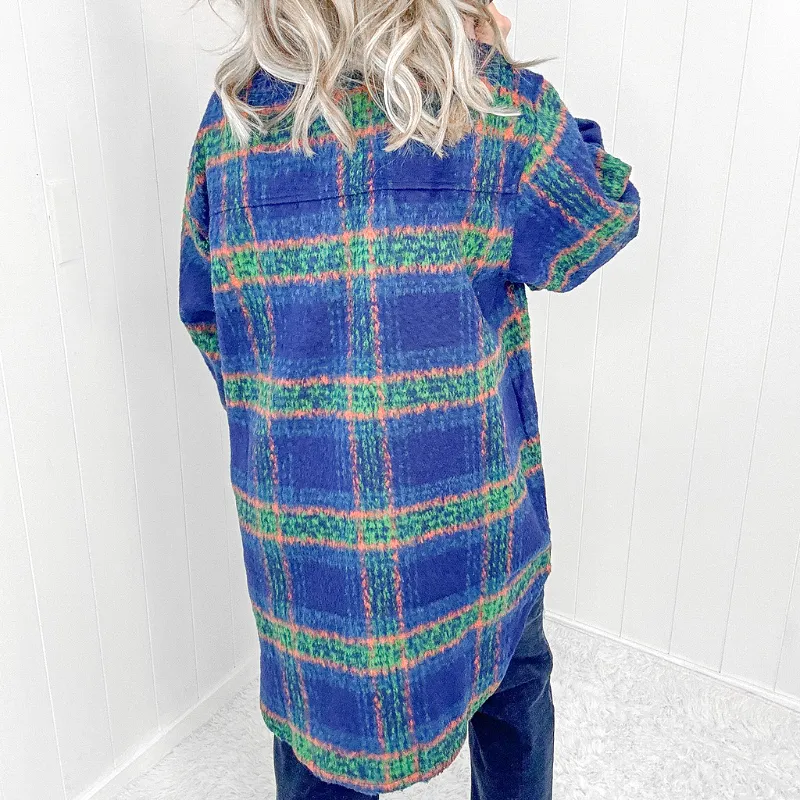 Blue Plaid Brushed Flannel Long Jacket