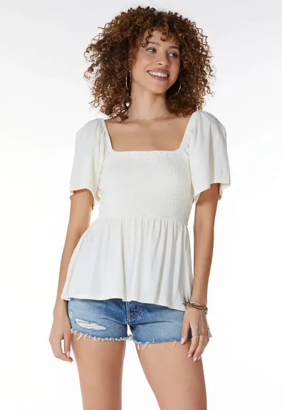 Bobi - Short Sleeve Square Neck Smocked Tee Macadamia