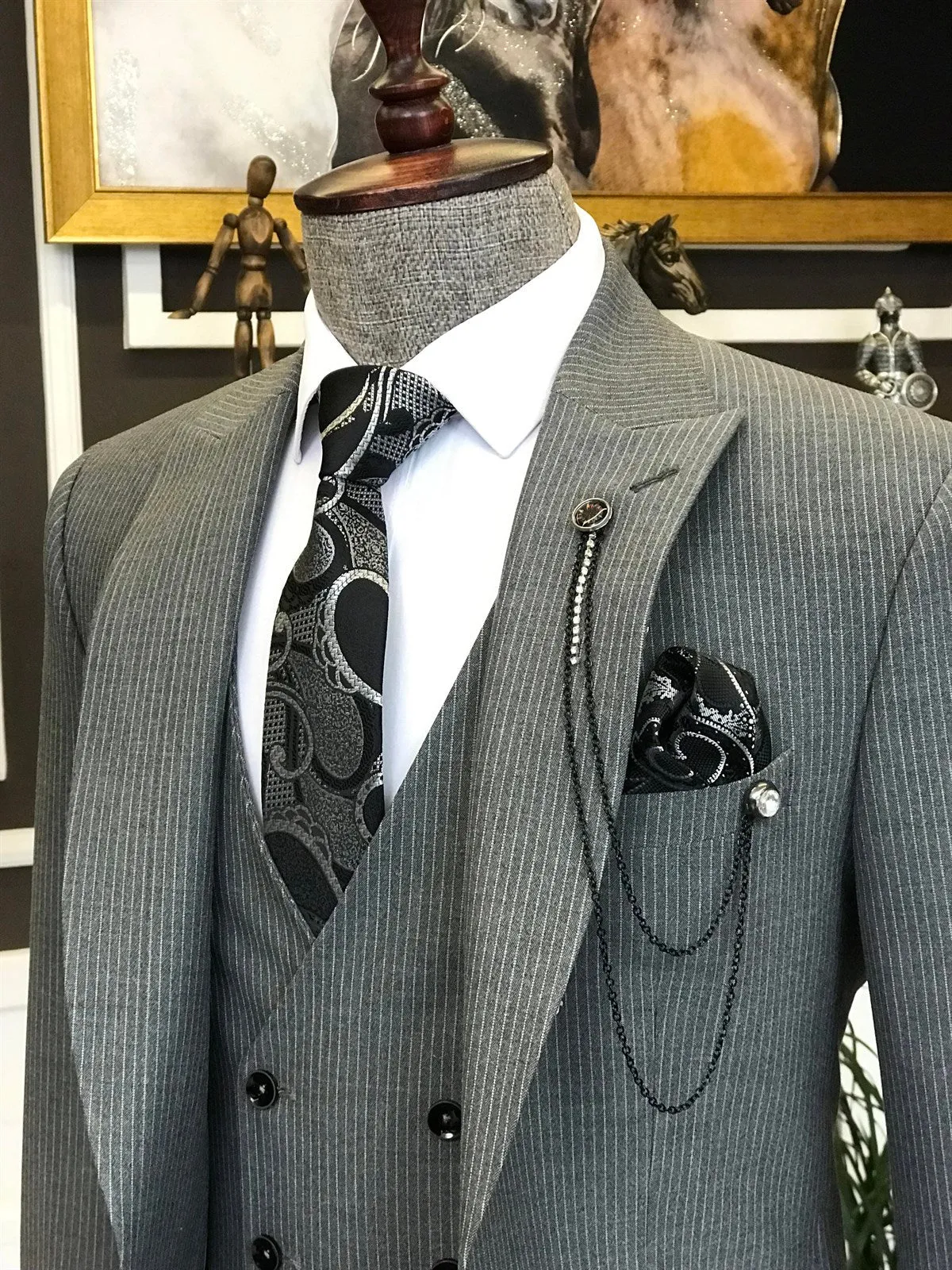 Bojoni Grey Striped Slim-Fit Suit 3-Piece