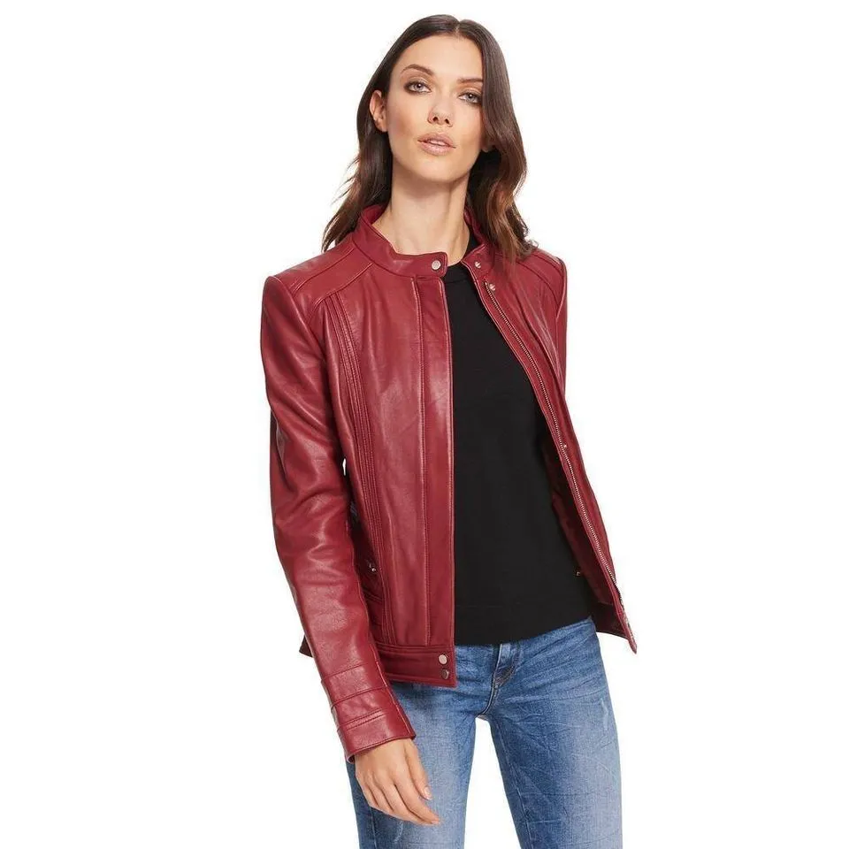 Burgundy leather moto bomber jacket womens