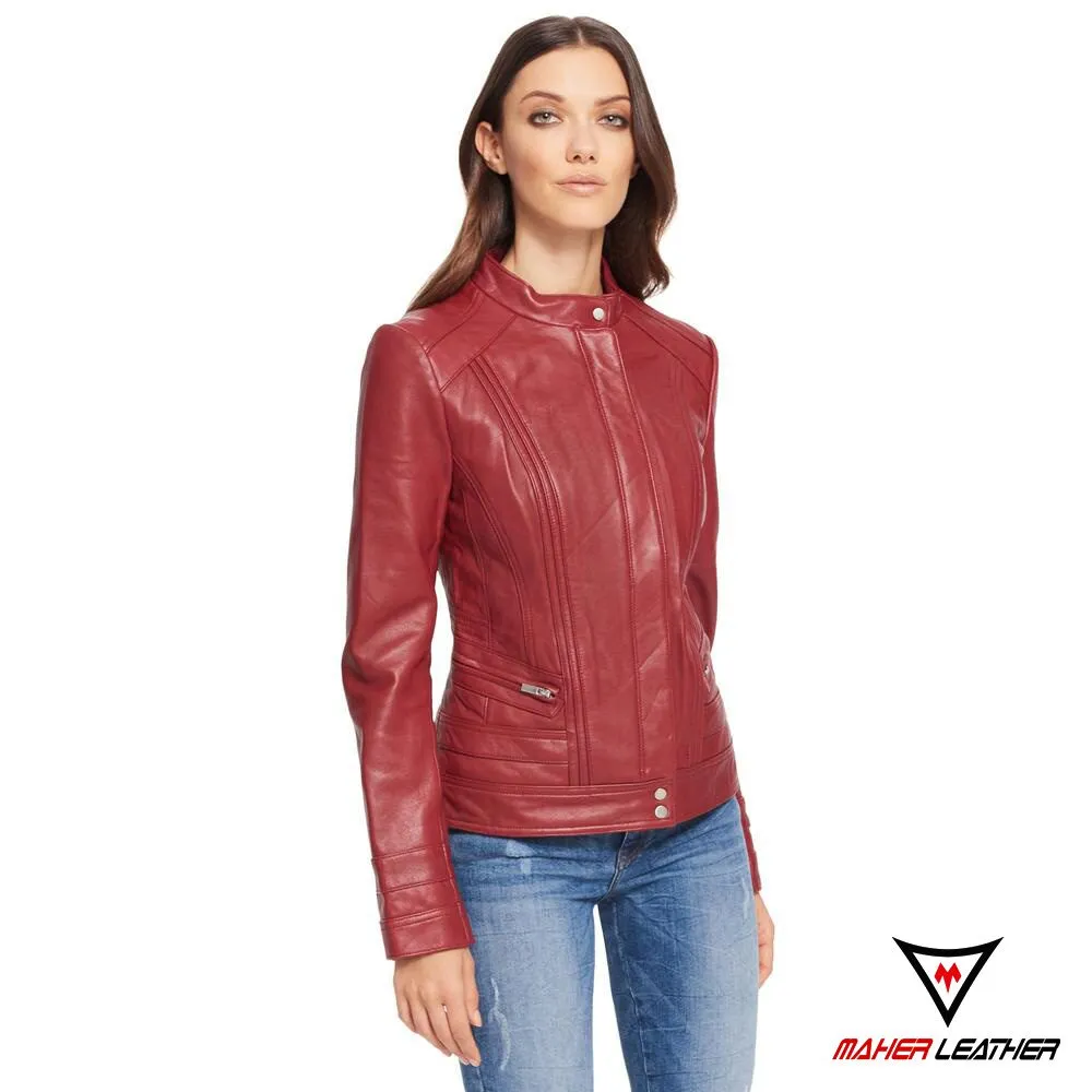 Burgundy leather moto bomber jacket womens