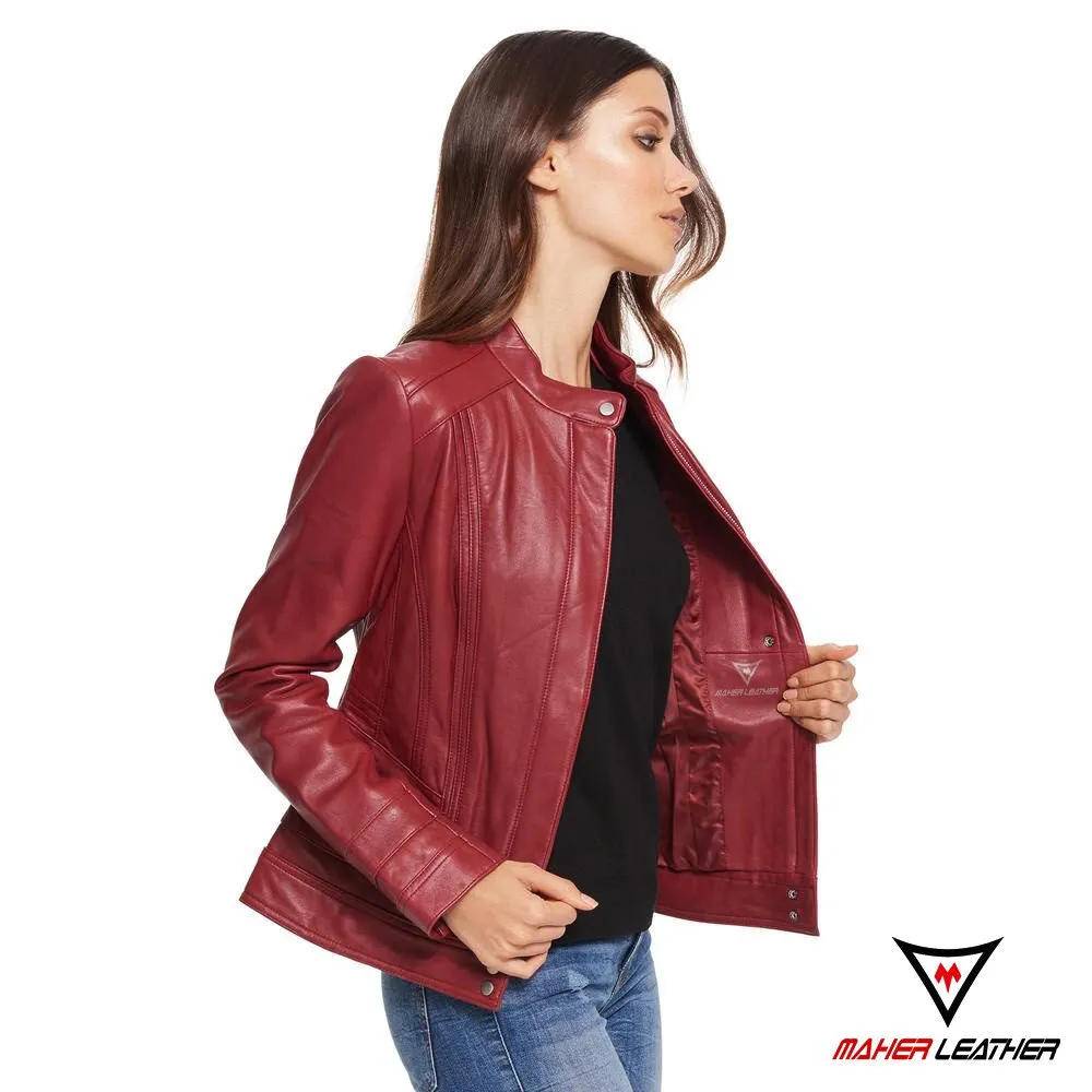 Burgundy leather moto bomber jacket womens