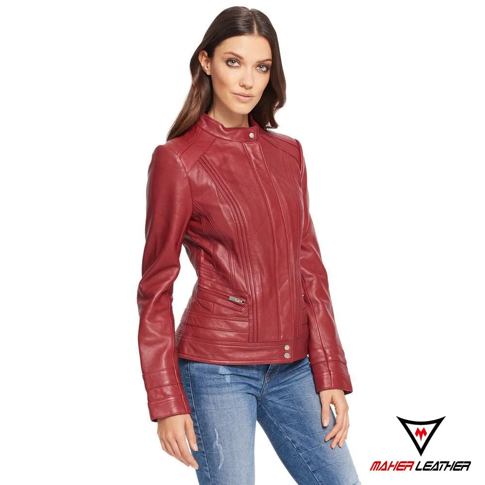 Burgundy leather moto bomber jacket womens