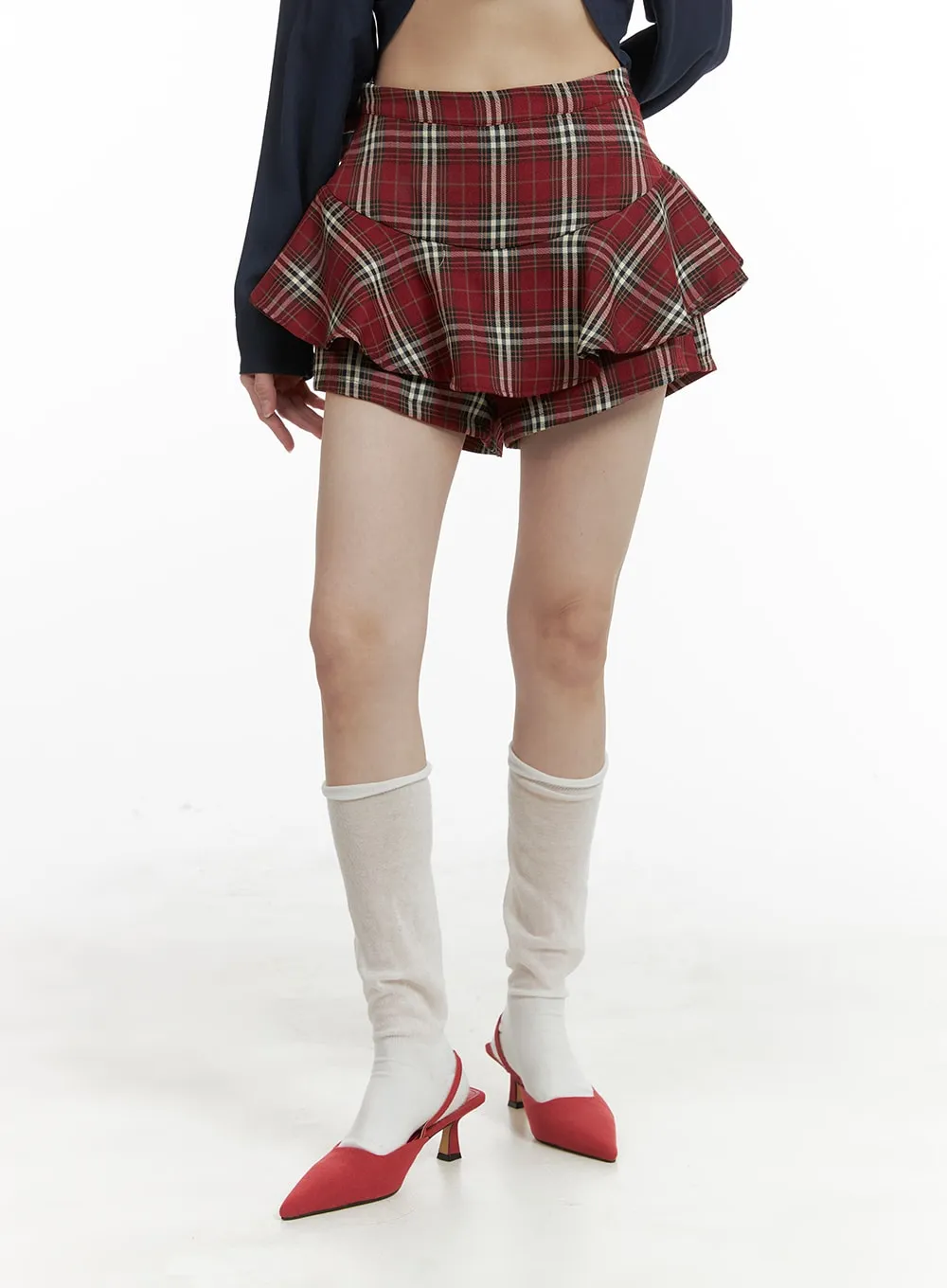 Checkered Ruffle Mini Skort OM426