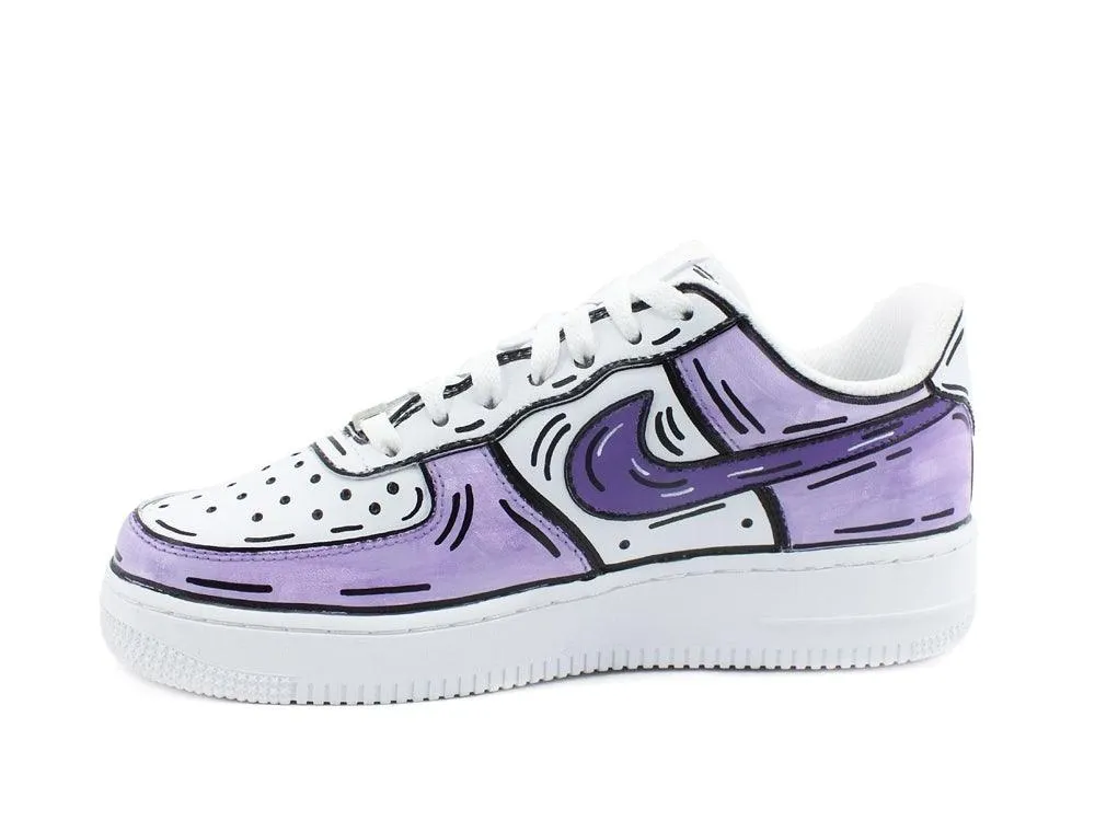 CUSTOM / NIKE Air Force 1 Sneaker AF1 Cartoon Comics White Lilac Purple 315115-112