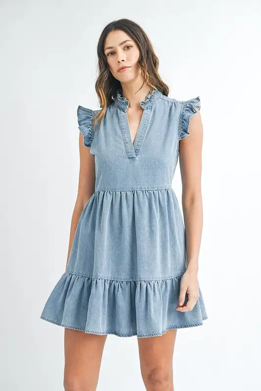 Denim Ruffle Mini Dress