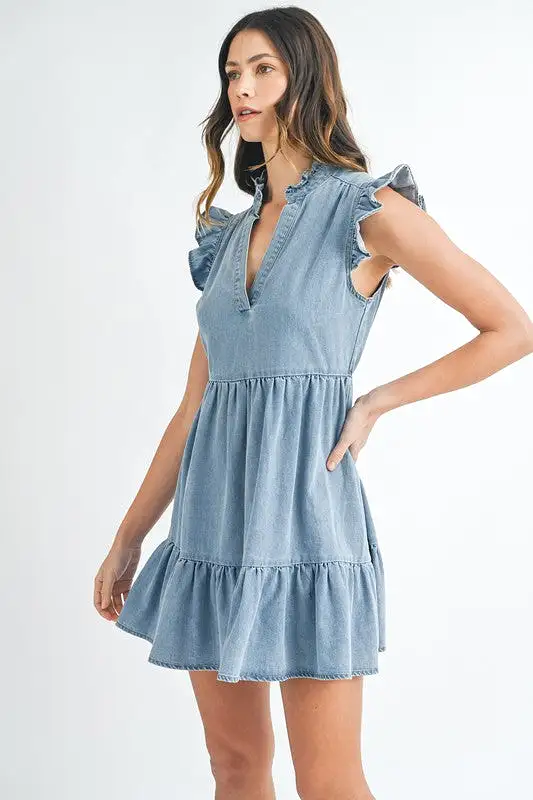 Denim Ruffle Mini Dress