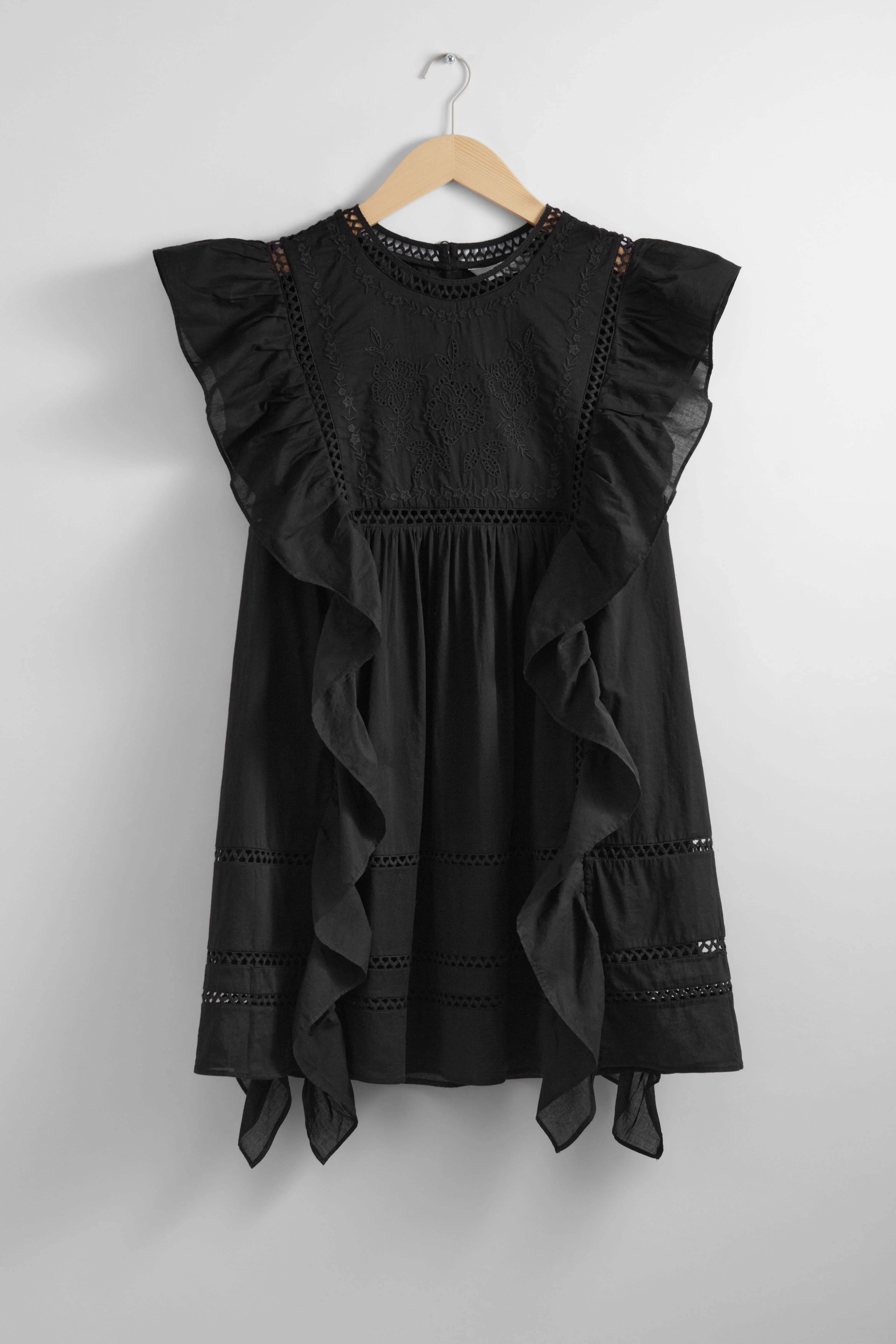 Embroidered Ruffle Mini Dress - Round neck - Sleeveless - Black - Ladies | H&M GB