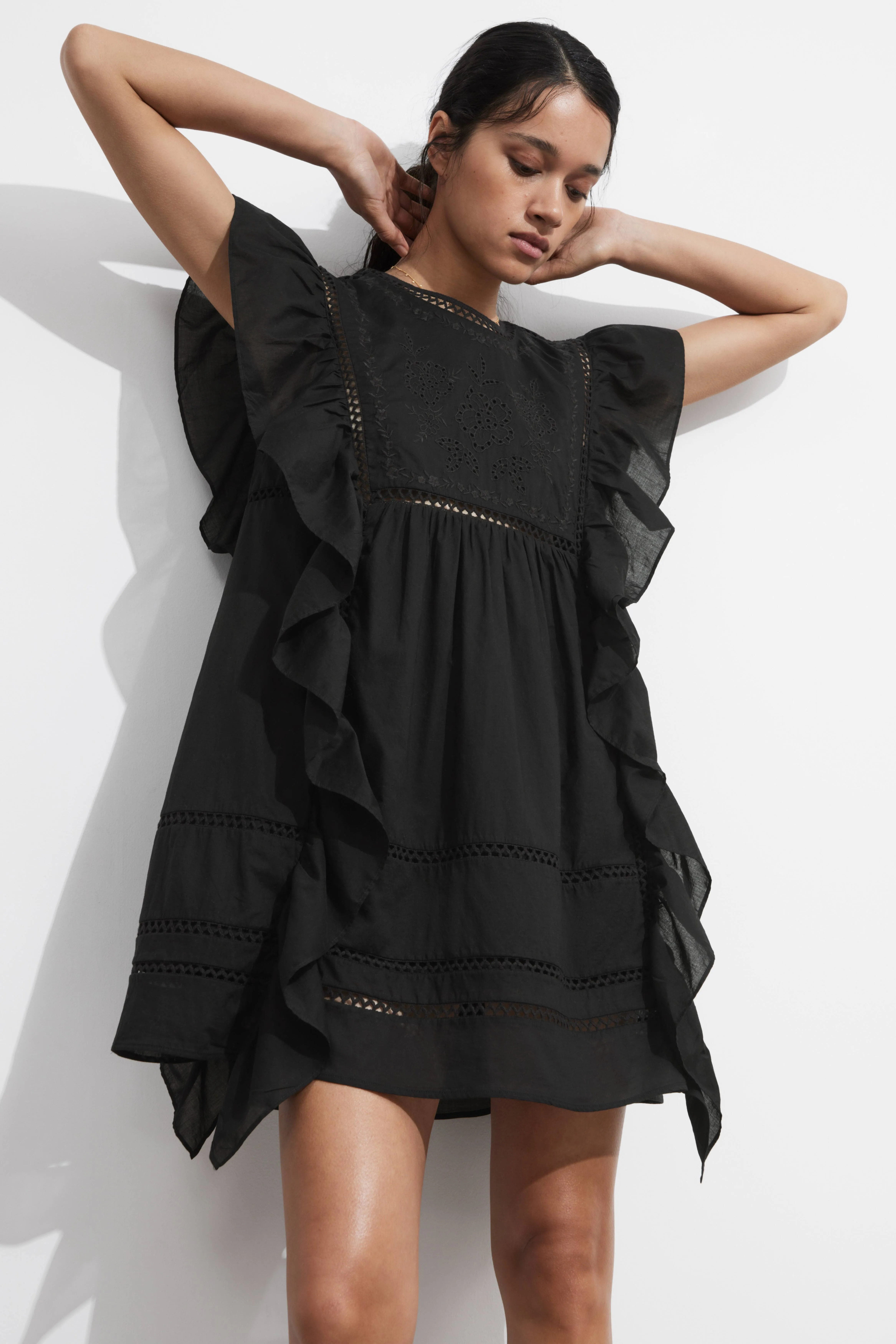 Embroidered Ruffle Mini Dress - Round neck - Sleeveless - Black - Ladies | H&M GB