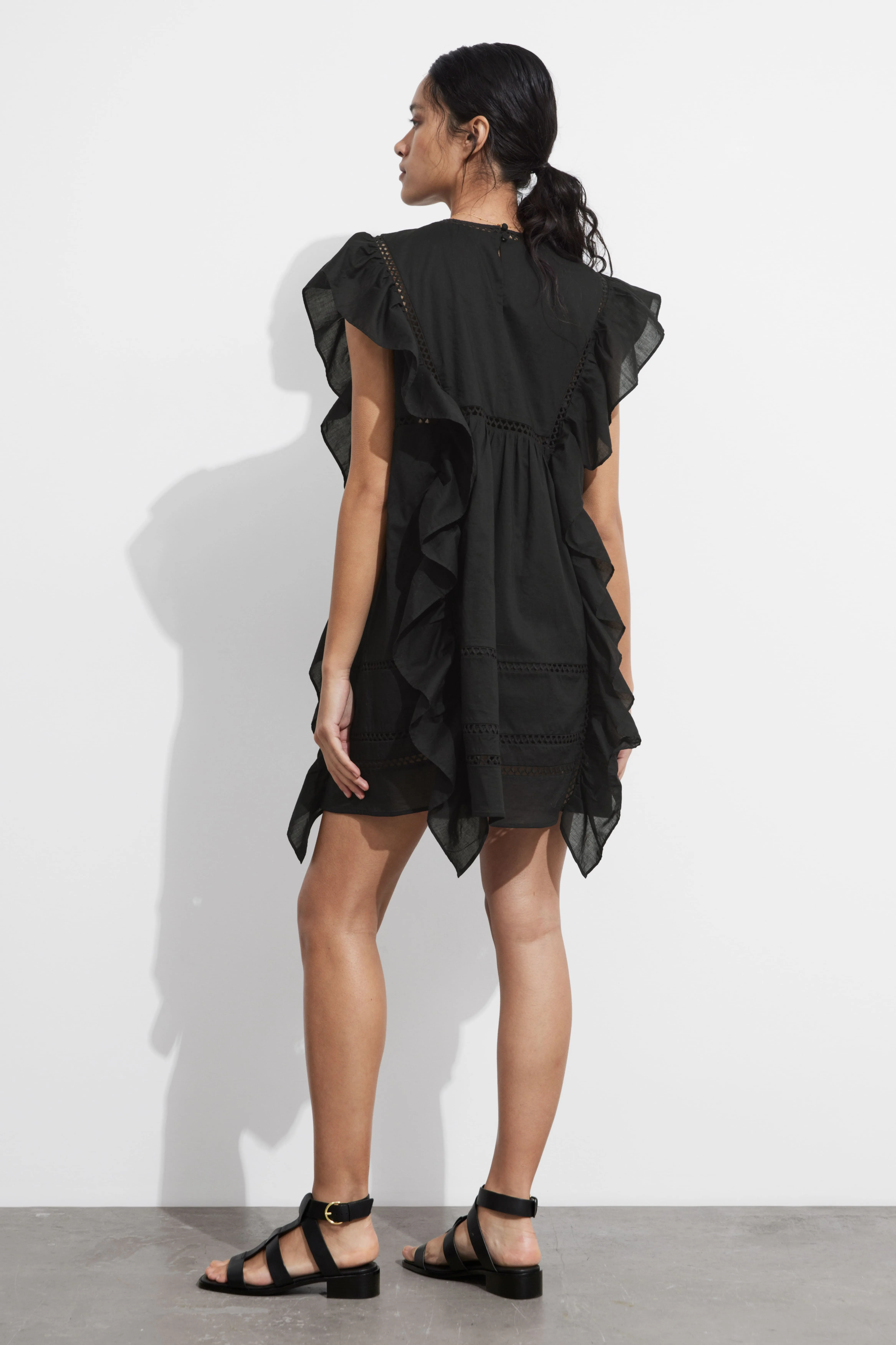 Embroidered Ruffle Mini Dress - Round neck - Sleeveless - Black - Ladies | H&M GB