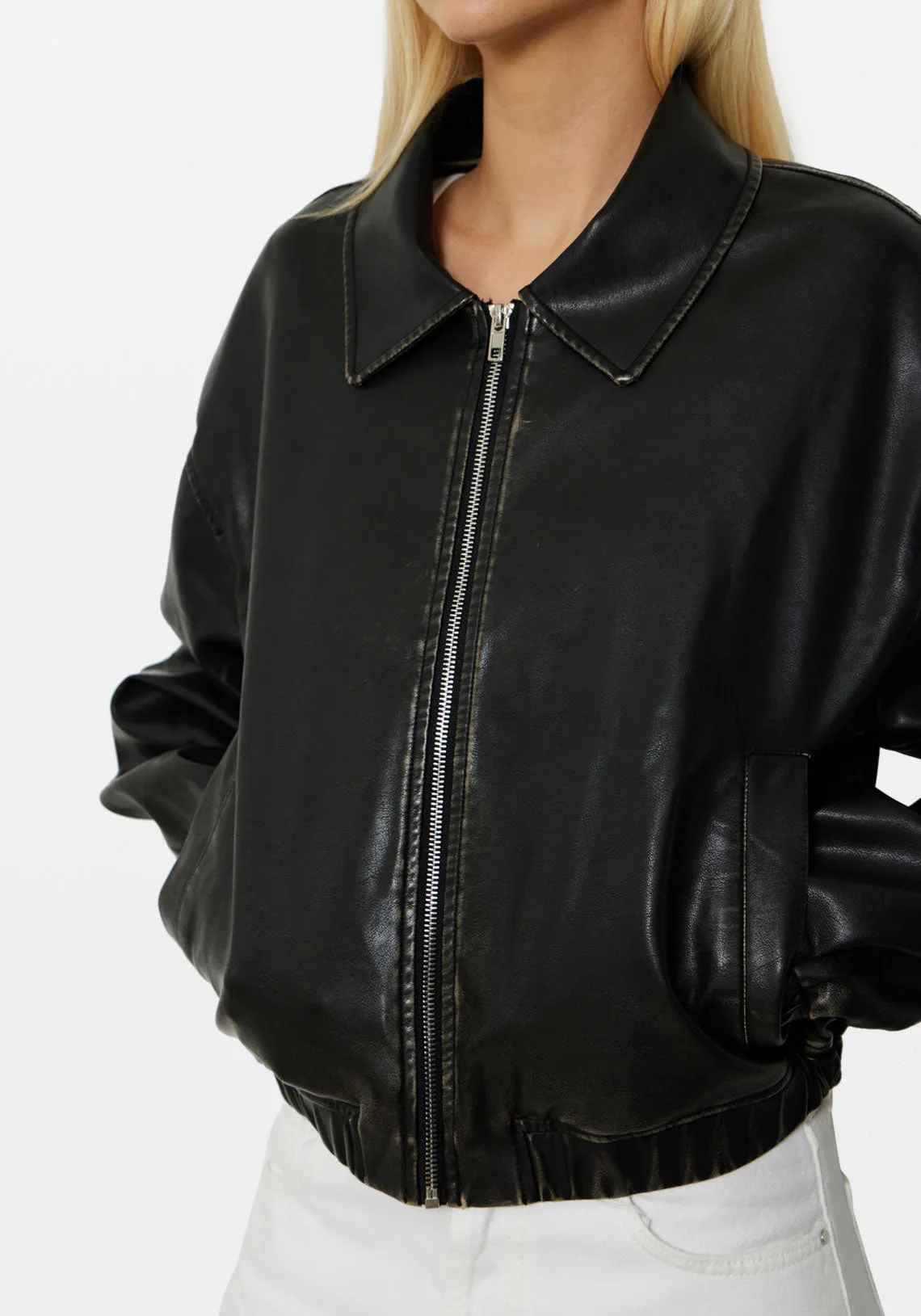 FADED PU BOMBER JACKET BLACK