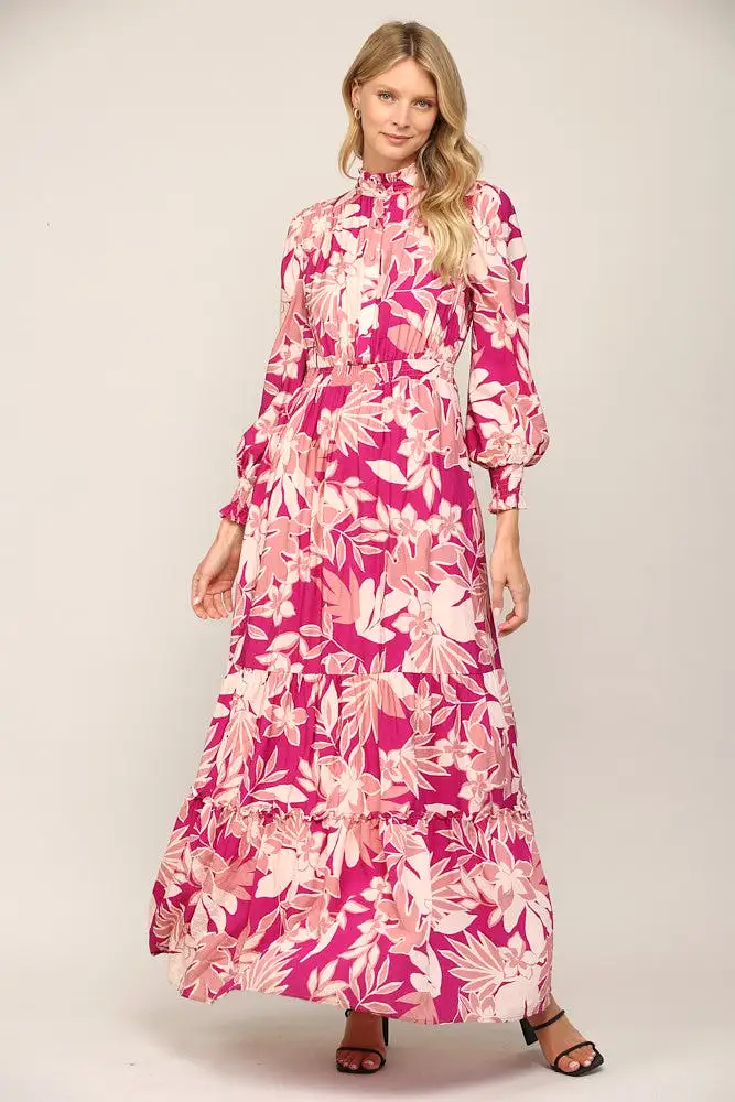 Floral Print Smocked Ruffle Neck Maxi Dress