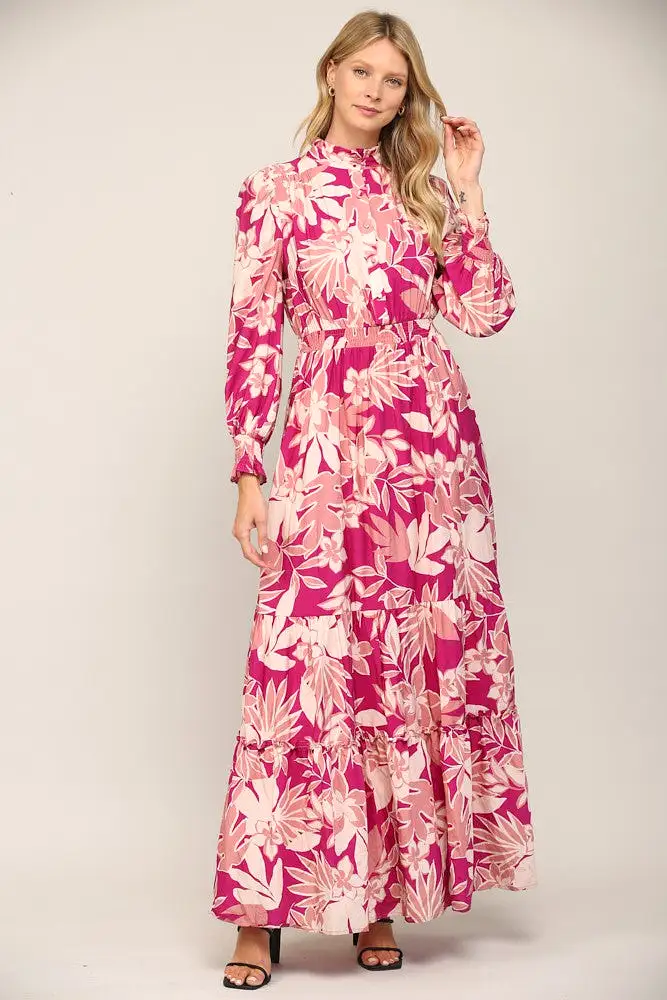 Floral Print Smocked Ruffle Neck Maxi Dress