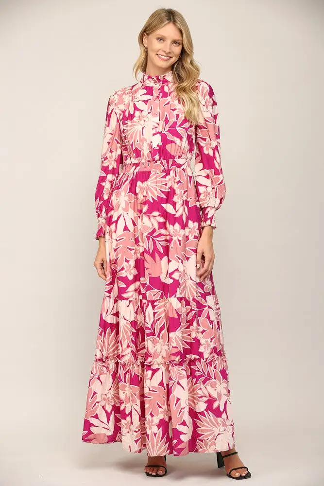 Floral Print Smocked Ruffle Neck Maxi Dress