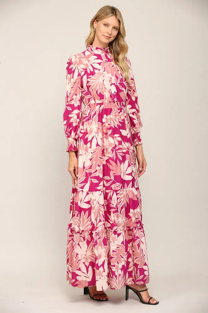 Floral Print Smocked Ruffle Neck Maxi Dress