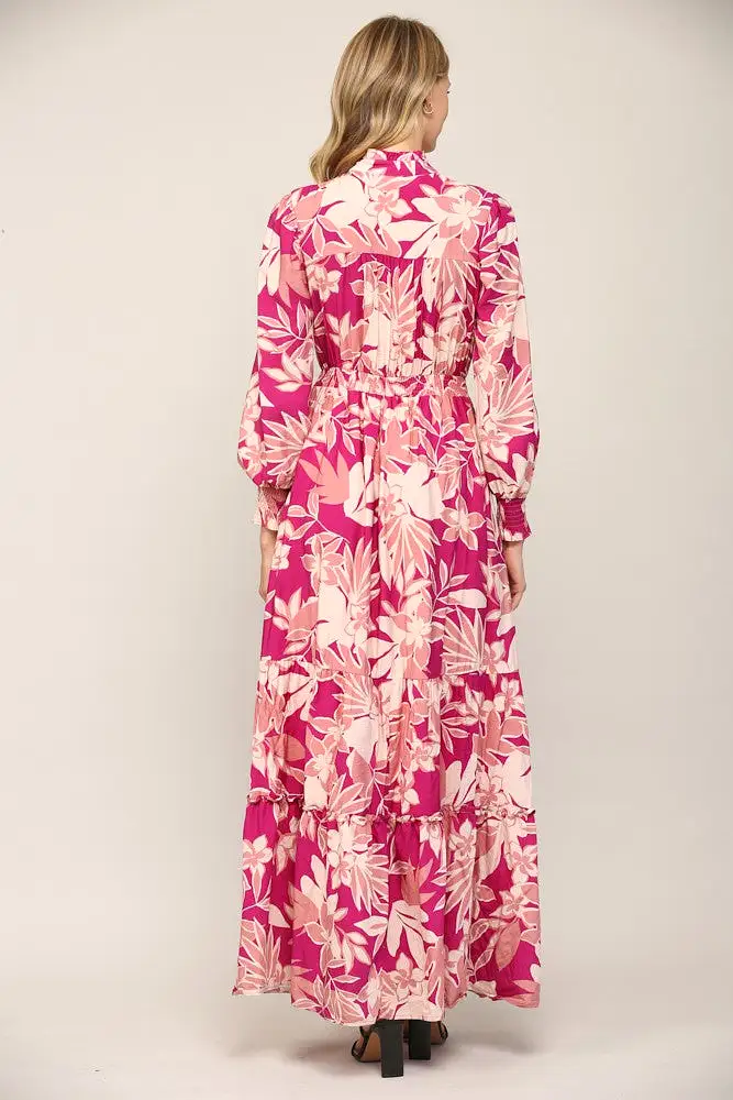 Floral Print Smocked Ruffle Neck Maxi Dress