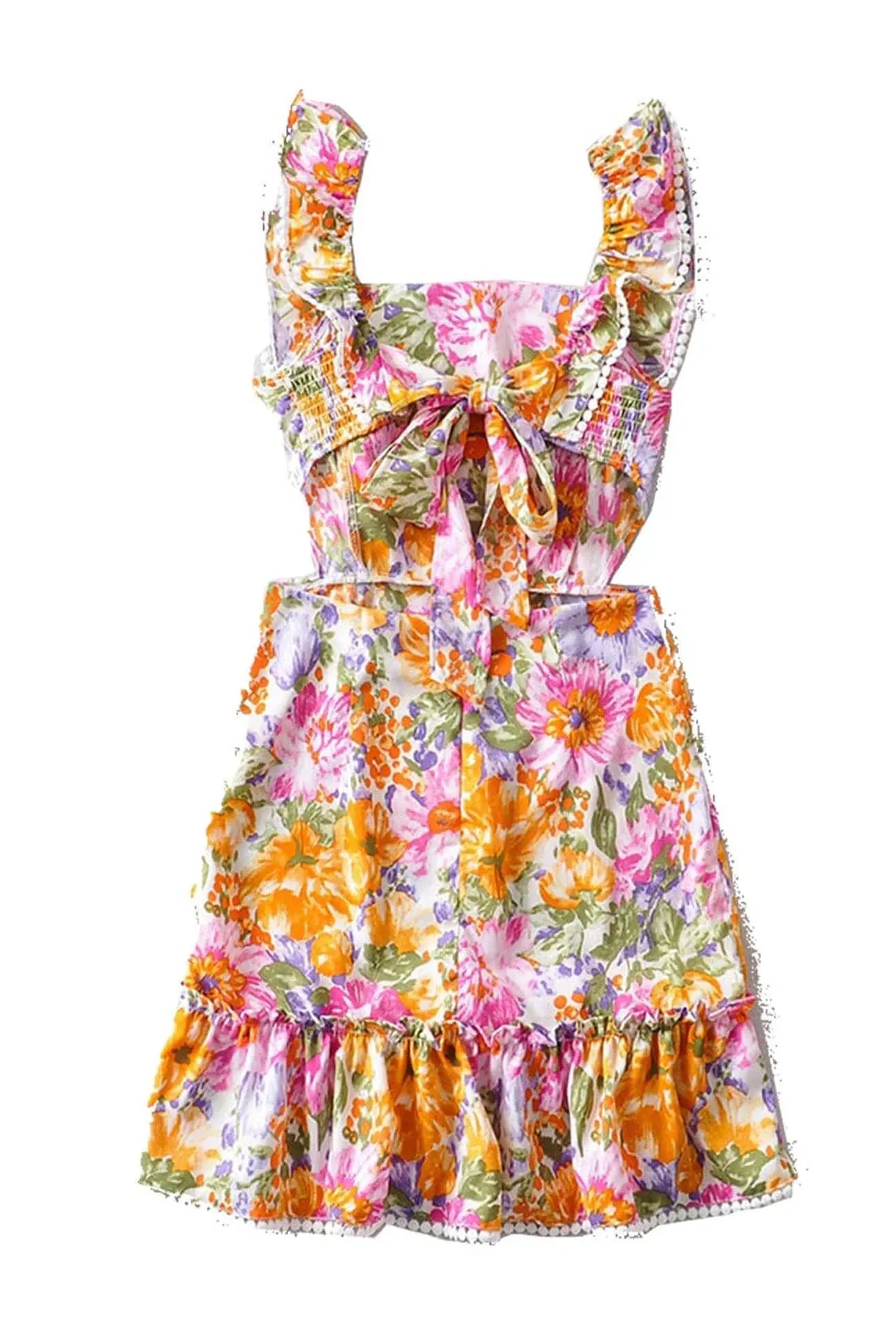 Floral Ruffle Back Tie Mini Dress