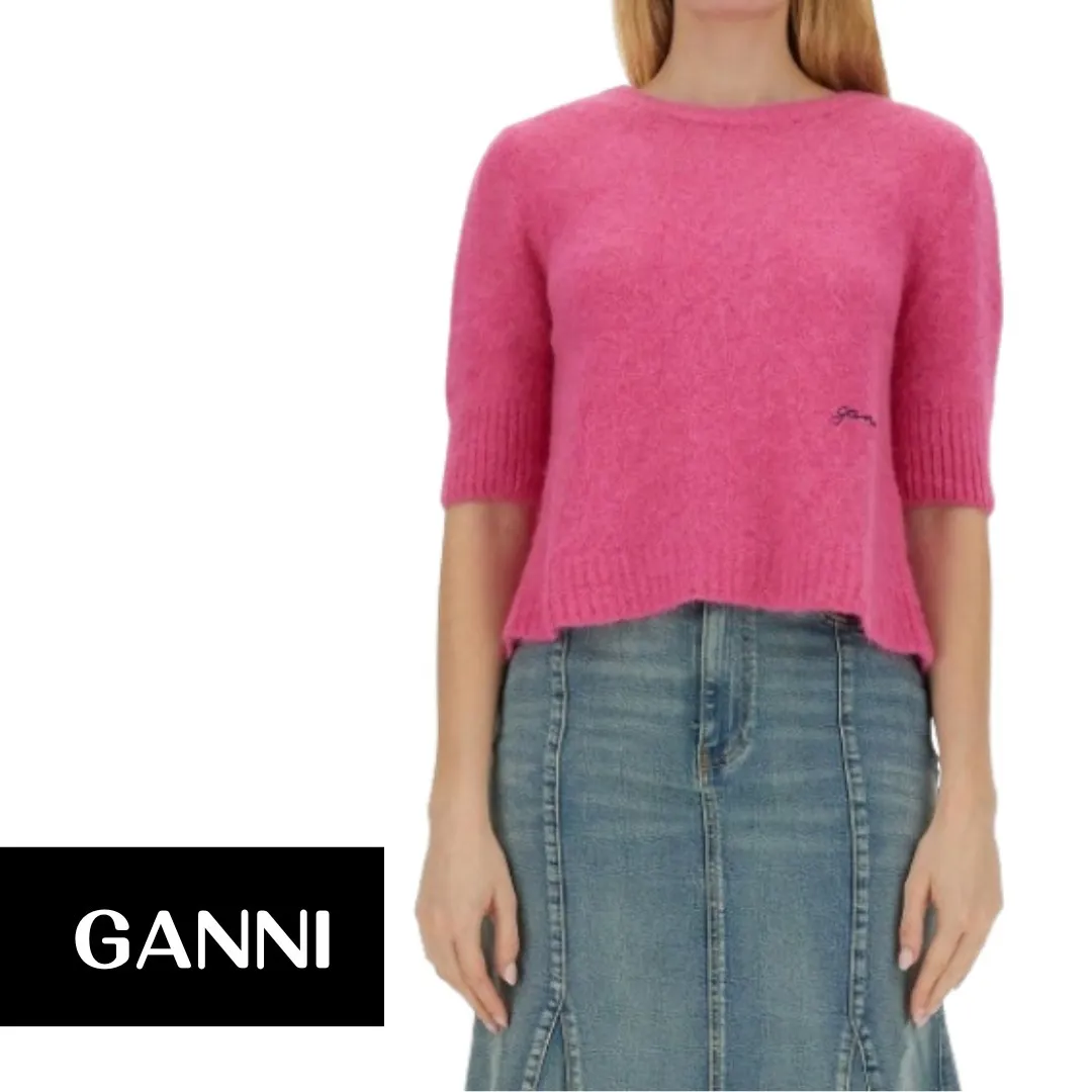 Ganni  |Plain Short Sleeves V-neck & Crew neck