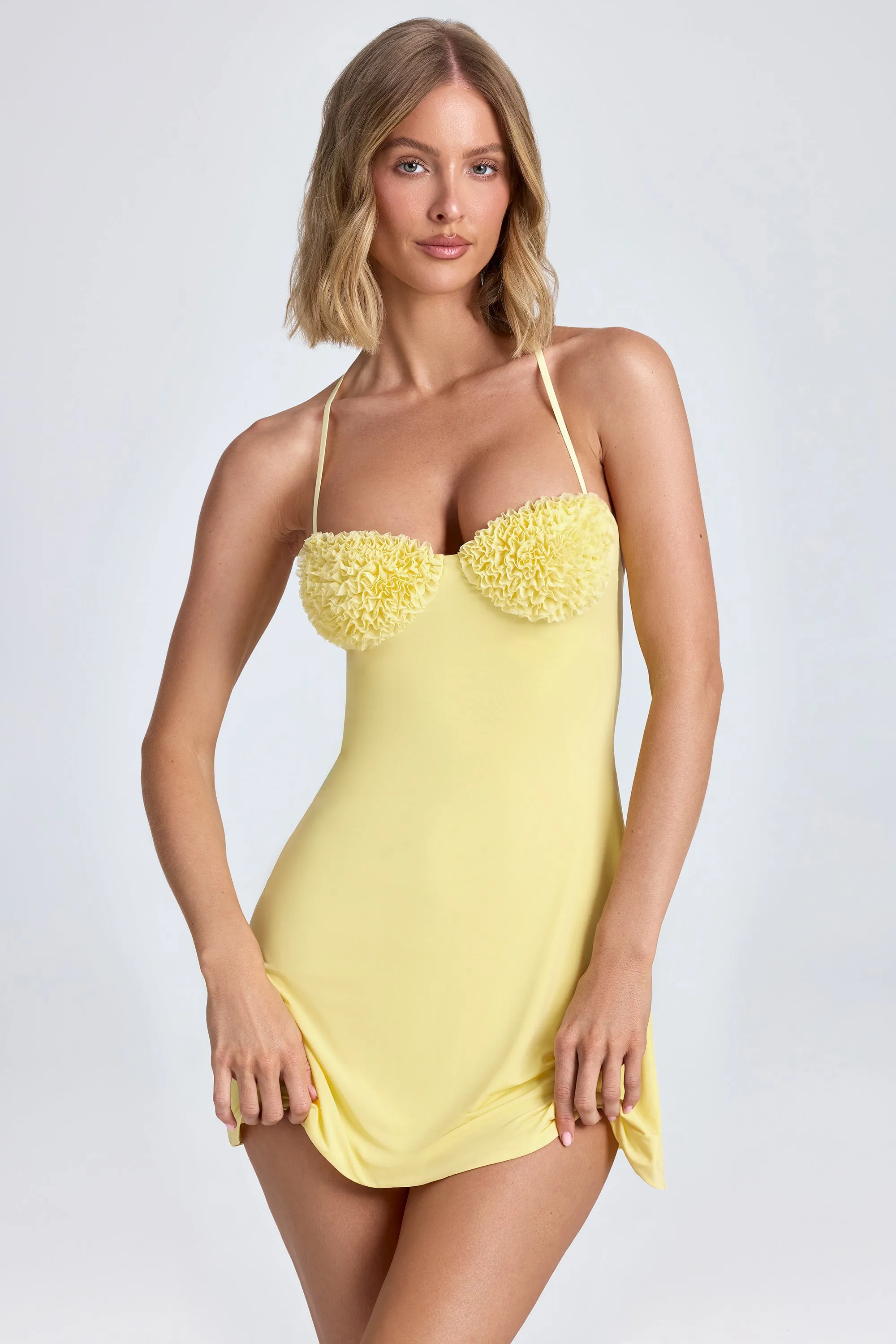 Halterneck Ruffle-Appliqué A-Line Mini Dress in Lemon Sherbet