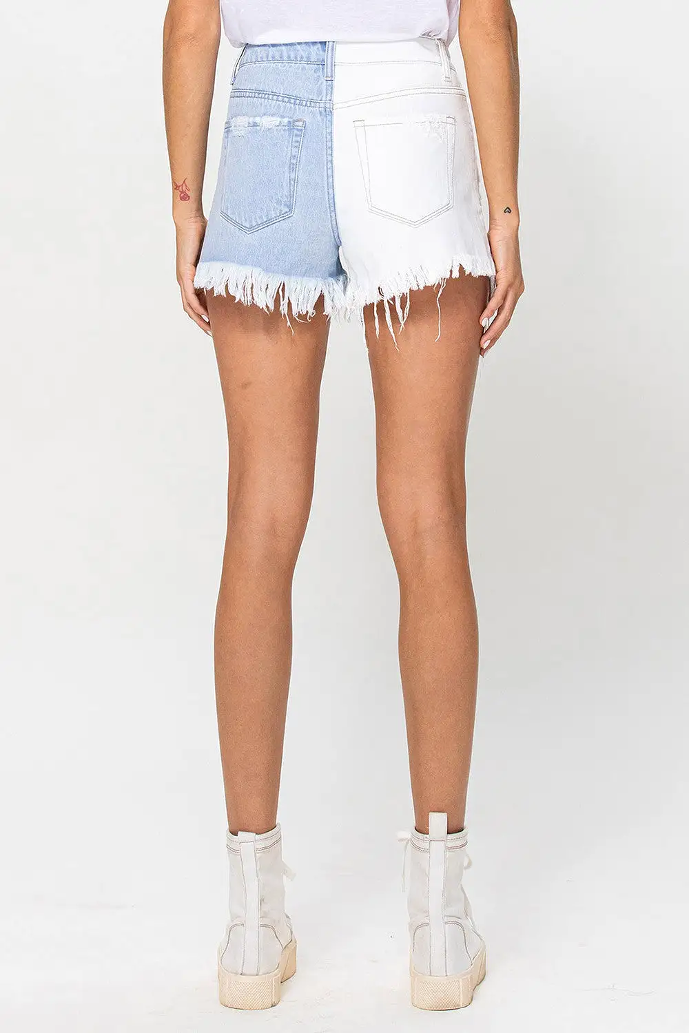 HIGH RISE COLOR BLOCKED DENIM SHORTS