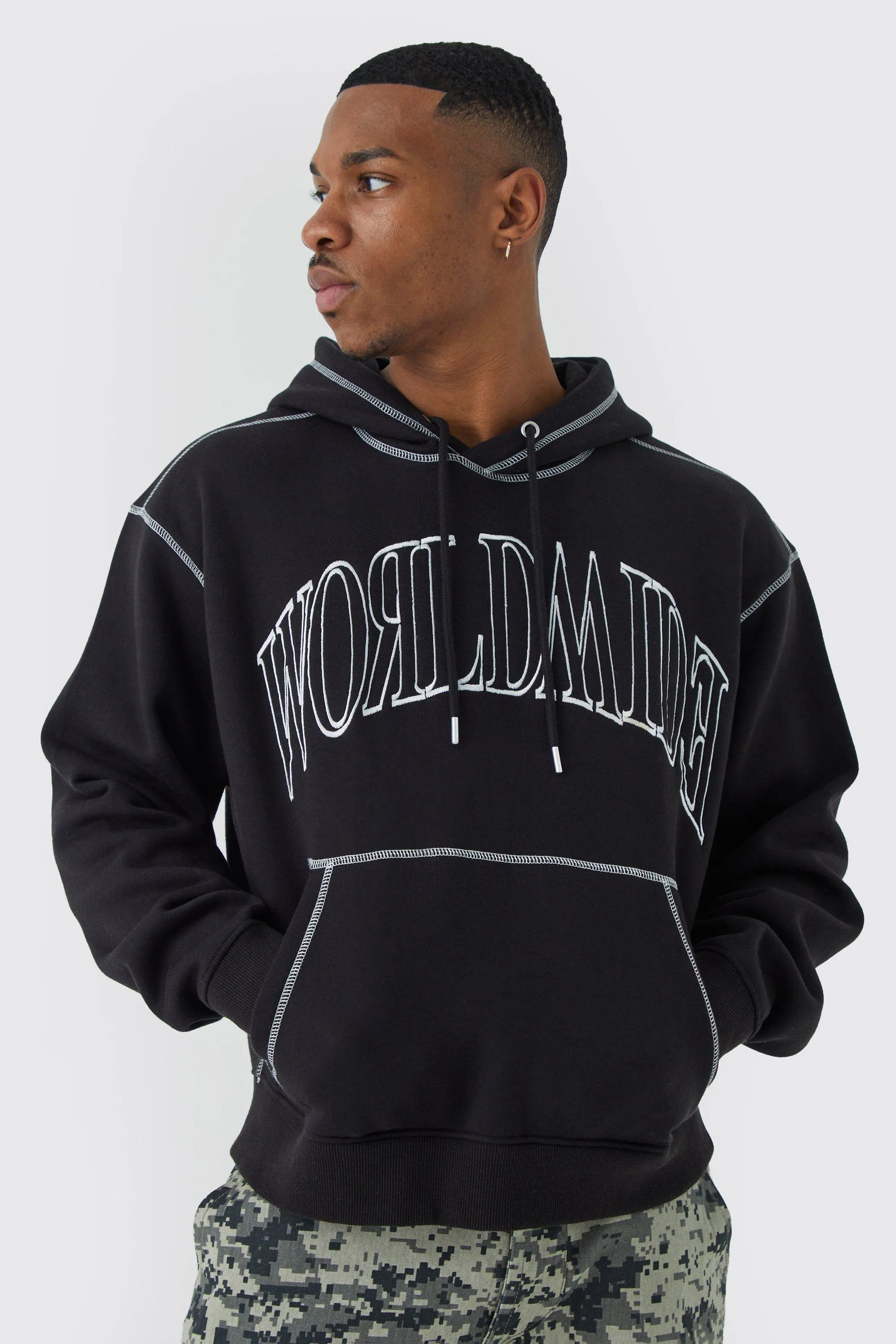 Hoodies & Sweatshirts | Oversized Worldwide Contrast Stitch Hoodie | boohooMAN