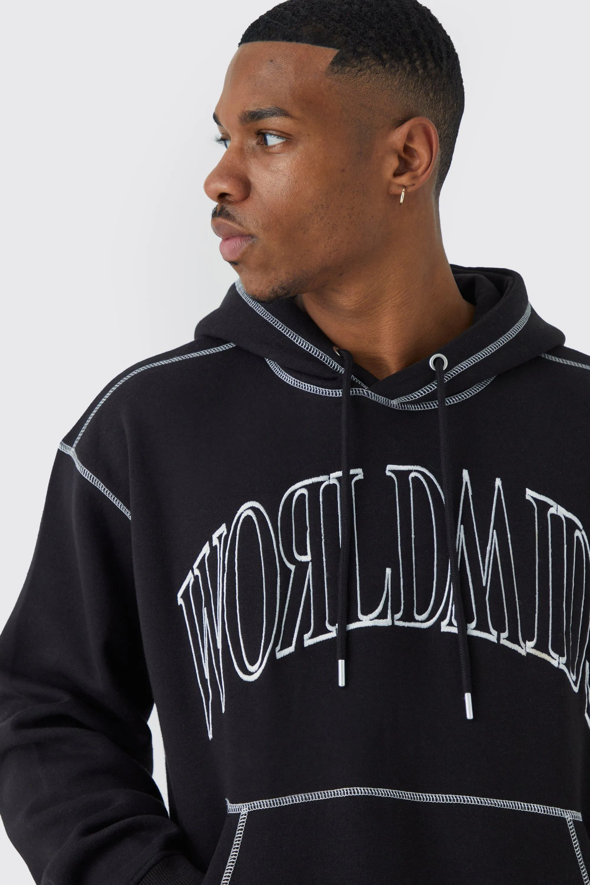 Hoodies & Sweatshirts | Oversized Worldwide Contrast Stitch Hoodie | boohooMAN