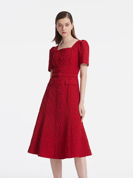 Jacquard Square Neck Single-Breasted Women Midi Dress With Belt 