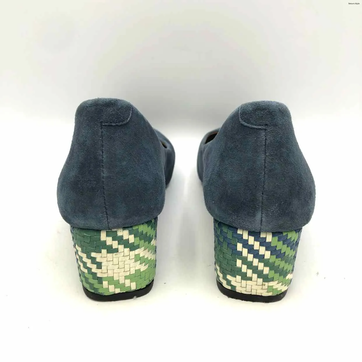 JASPER & JEERA Navy Green & White Suede Woven Trim Heels Shoes