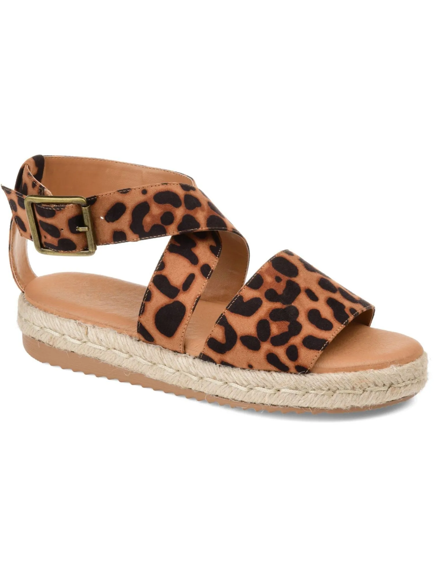 JOURNEE COLLECTION Womens Brown Animal Print Cushioned Stretch Open Toe Wedge Buckle Espadrille Shoes