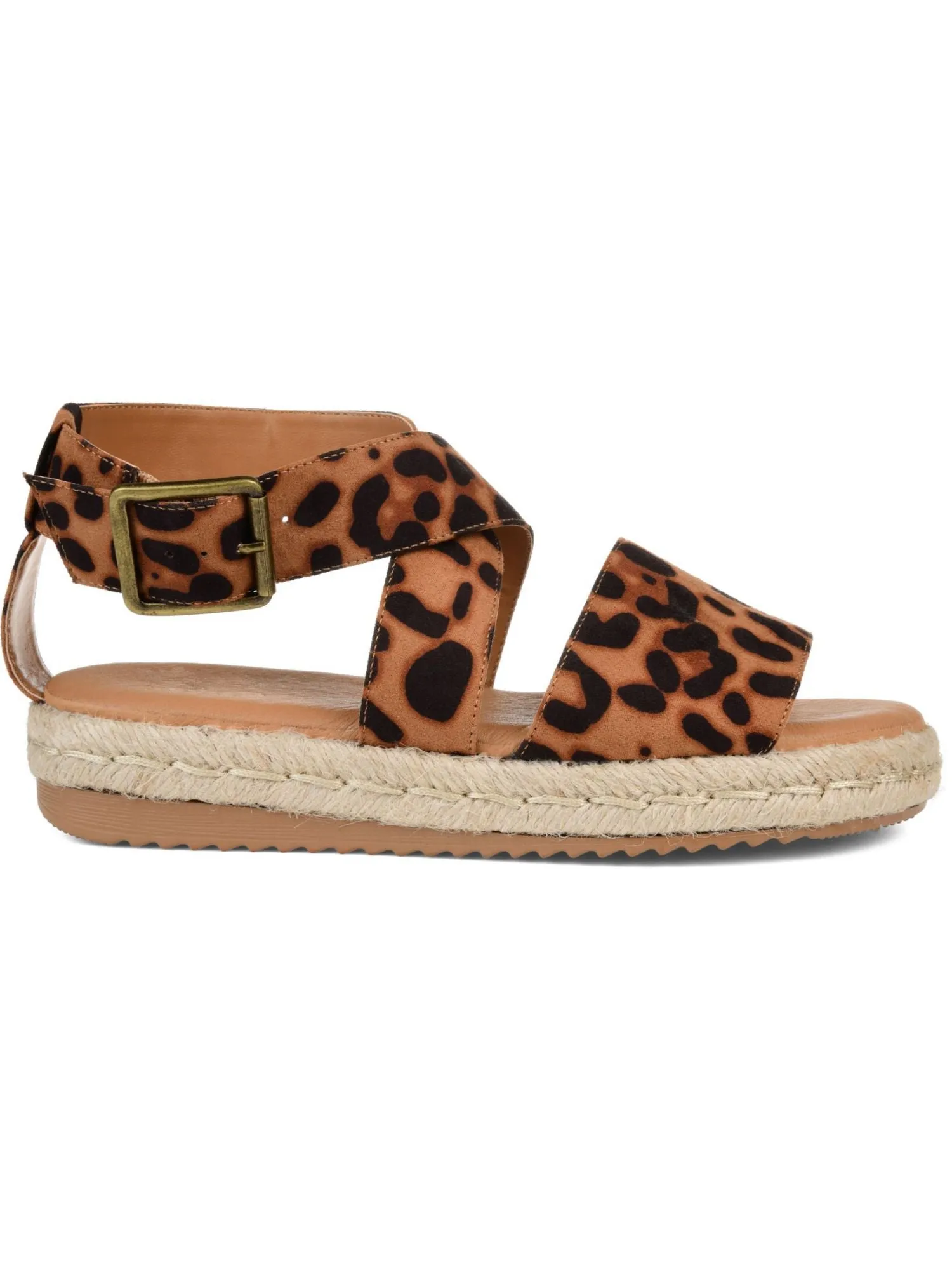 JOURNEE COLLECTION Womens Brown Animal Print Cushioned Stretch Open Toe Wedge Buckle Espadrille Shoes