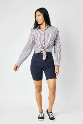 JUDY BLUE HIGH WAIST NAVY GARMENT DYED TUMMY CONTROL BERMUDA SHORTS