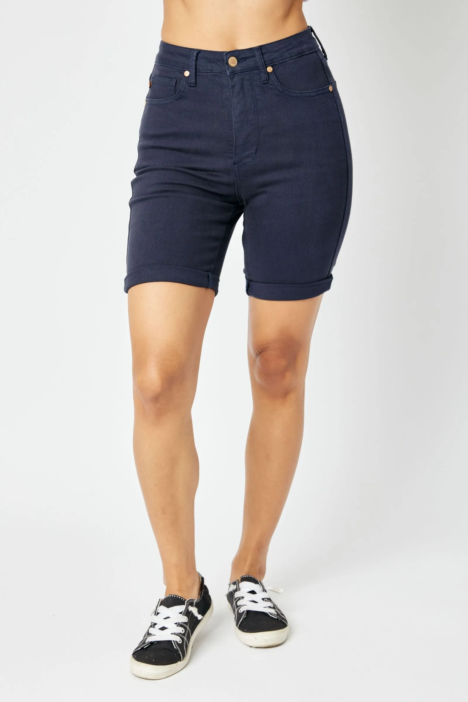 JUDY BLUE HIGH WAIST NAVY GARMENT DYED TUMMY CONTROL BERMUDA SHORTS