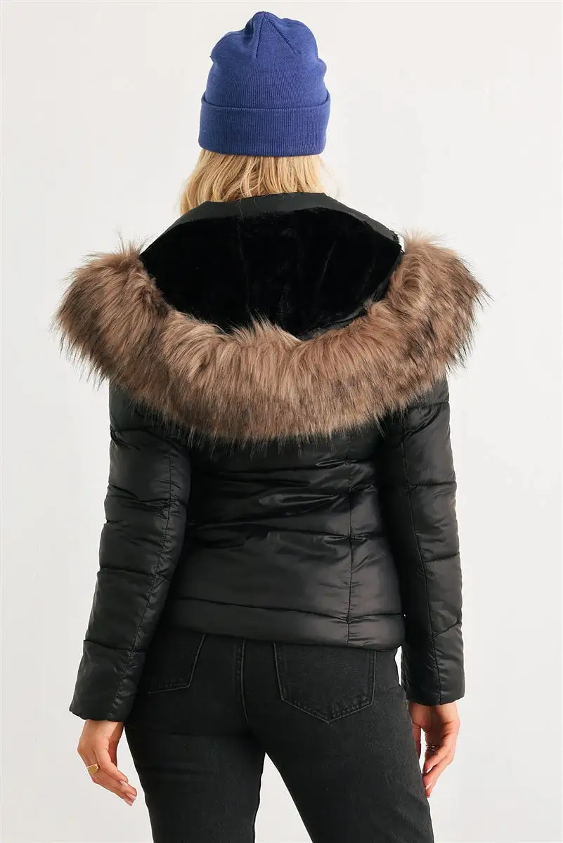 Long Sleeve Faux Fur Hood Padded Water Resistant Finish Jacket