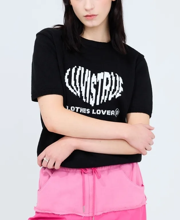 LUV IS TRUE  |Street Style U-Neck Plain Short Sleeves Logo