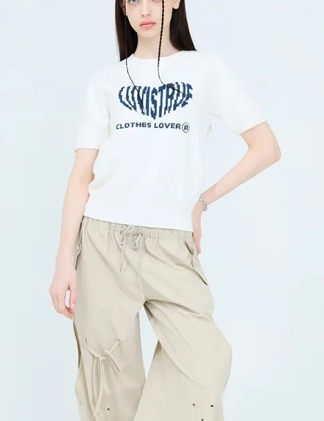 LUV IS TRUE  |Street Style U-Neck Plain Short Sleeves Logo