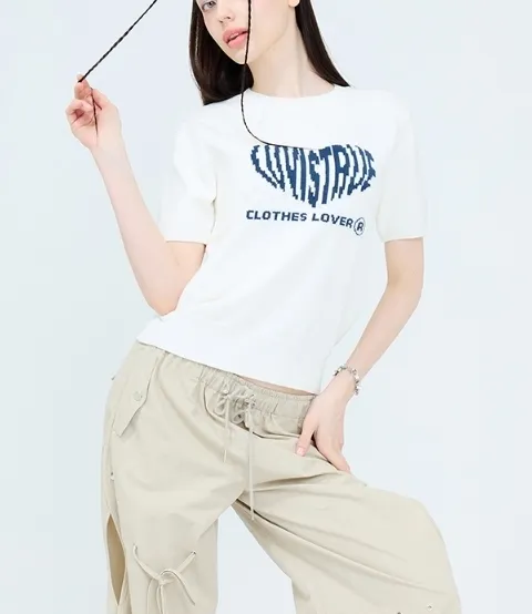 LUV IS TRUE  |Street Style U-Neck Plain Short Sleeves Logo