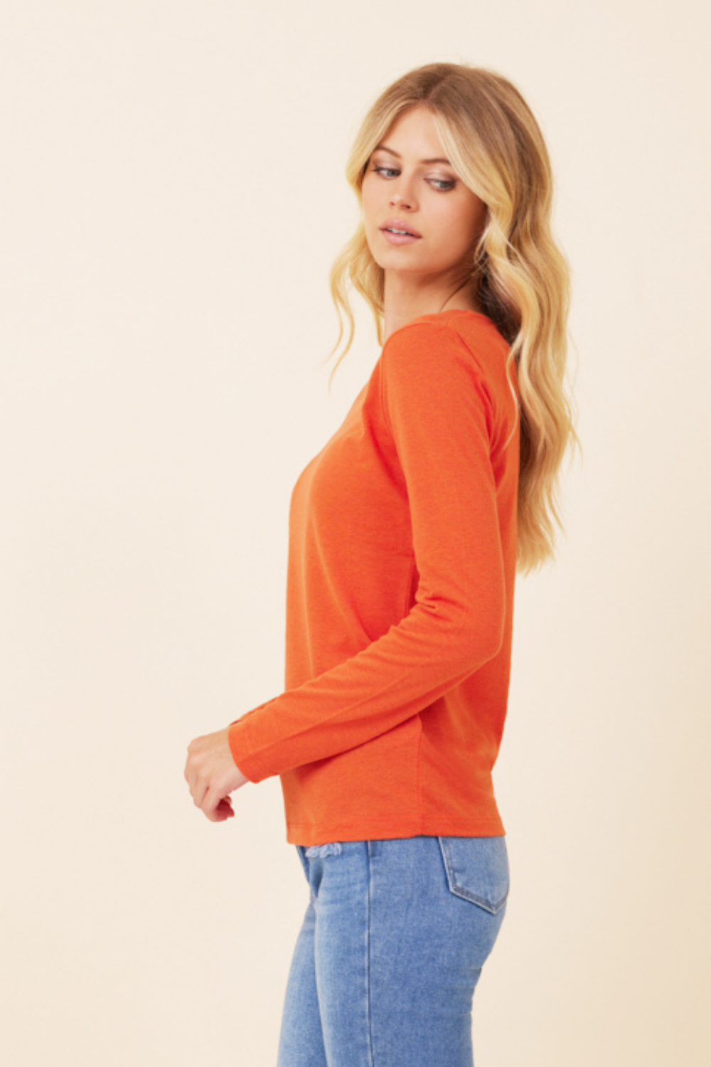 Majestic Cotton/Cashmere Long Sleeve Crewneck in Pumpkin/Orange