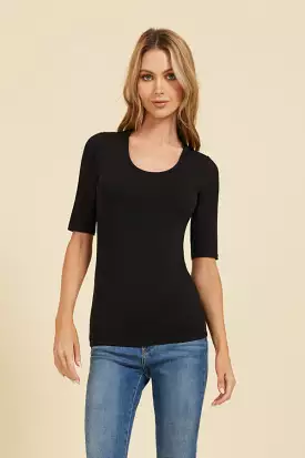 Majestic Elbow Sleeve Scoop Neck Tee in Noir