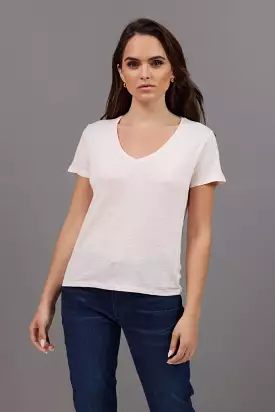 Majestic Short Sleeve Linen V- Neck in Petale