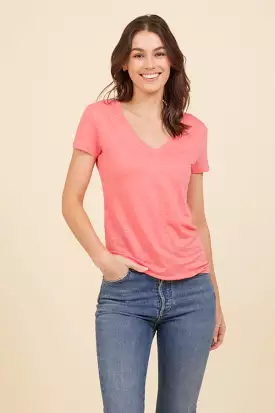 Majestic Short Sleeve Stretch Linen V-Neck in Coral